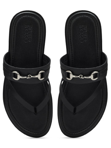 Black Leather Slippers With Metal Buckle