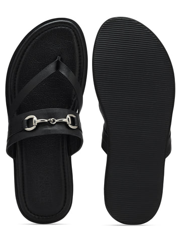 Black Leather Slippers With Metal Buckle