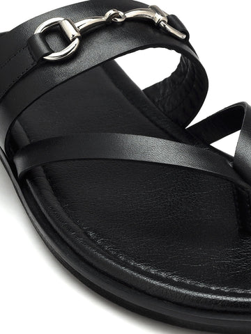 Black Leather Slippers With Metal Buckle