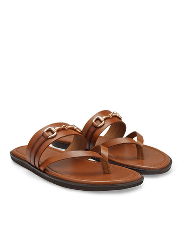 Tan Leather Slippers With Metal Buckle