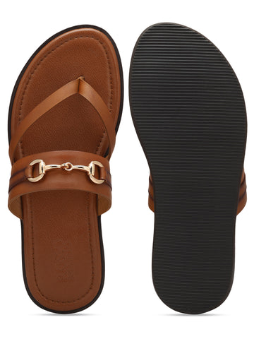 Tan Leather Slippers With Metal Buckle