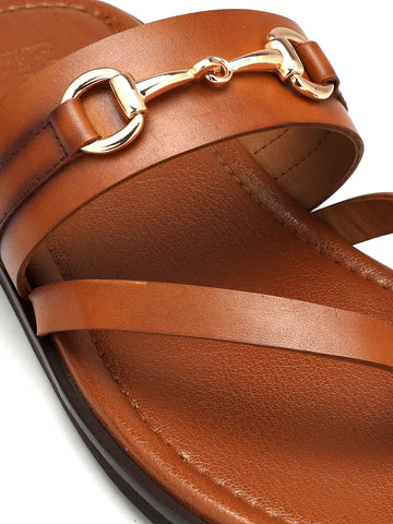 Tan Leather Slippers With Metal Buckle