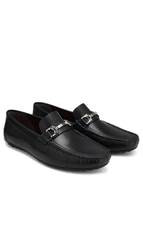 Black Leather Moccasins With Buckle