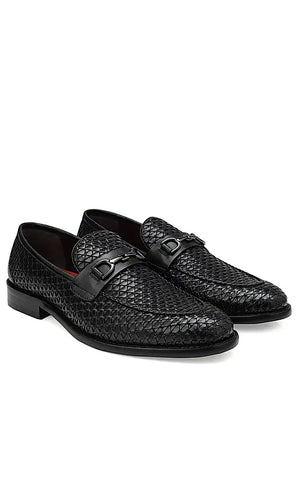 Black Textured Leather Loafers