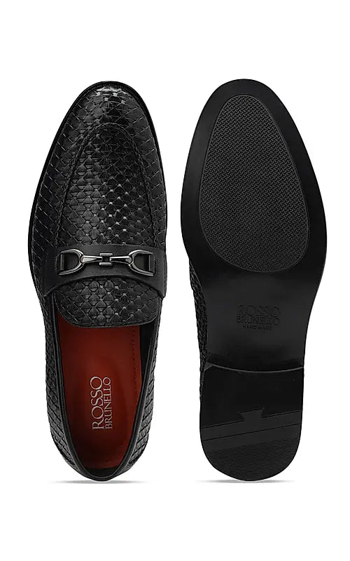 Black Textured Leather Loafers