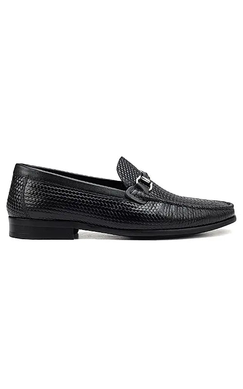 Black Textured Leather Loafers