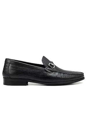 Black Textured Leather Loafers