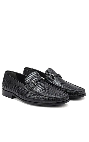 Black Textured Leather Loafers