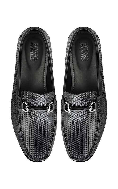 Black Textured Leather Loafers