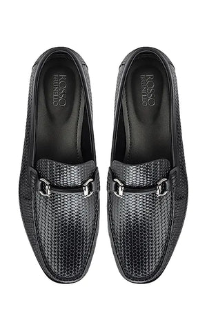 Black Textured Leather Loafers
