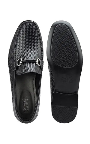 Black Textured Leather Loafers