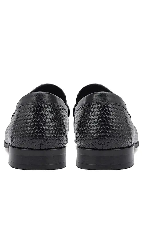Black Textured Leather Loafers