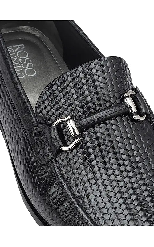Black Textured Leather Loafers