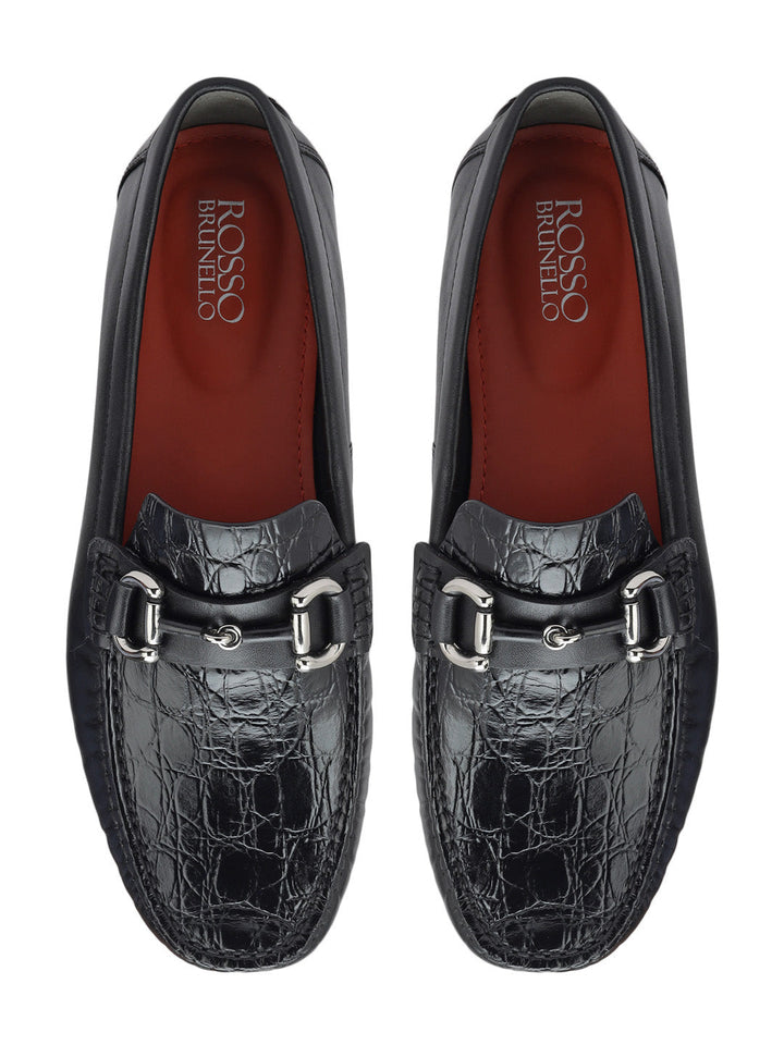 Black Croco Textured Moccasins
