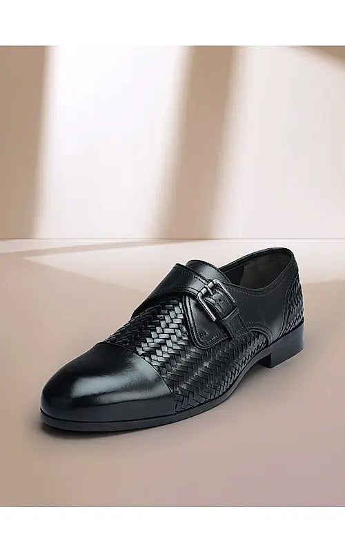 Black Textured Leather Monk Straps