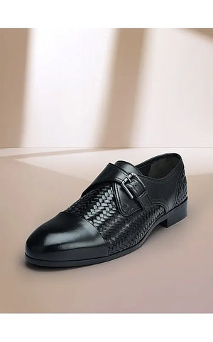 Black Textured Leather Monk Straps
