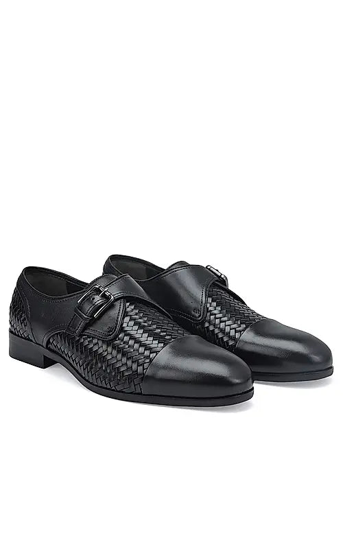 Black Textured Leather Monk Straps