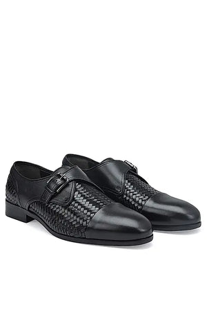 Black Textured Leather Monk Straps