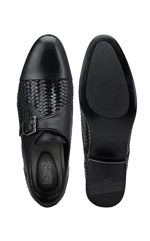 Black Textured Leather Monk Straps