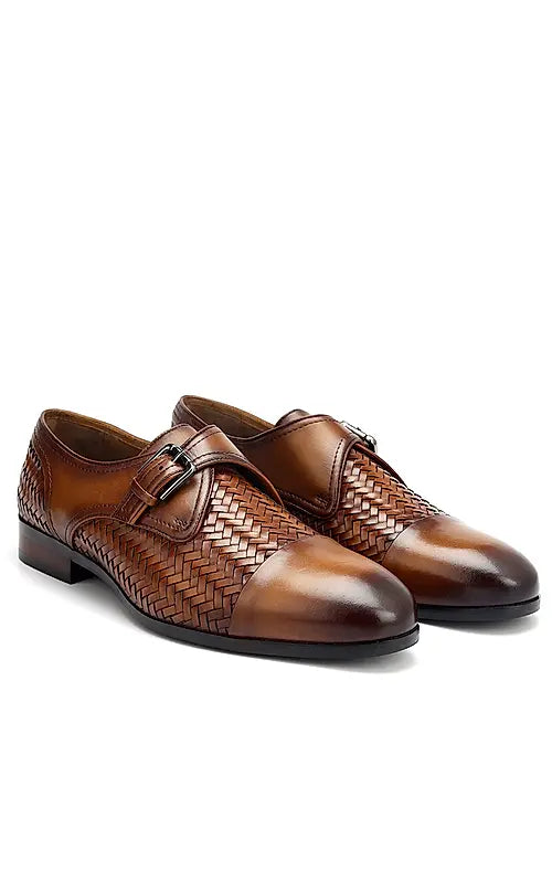 Tan Textured Leather Monk Straps