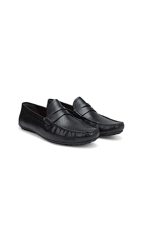Black perforated Leather Moccasins