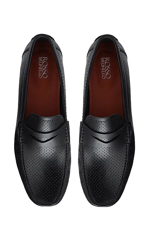 Black perforated Leather Moccasins