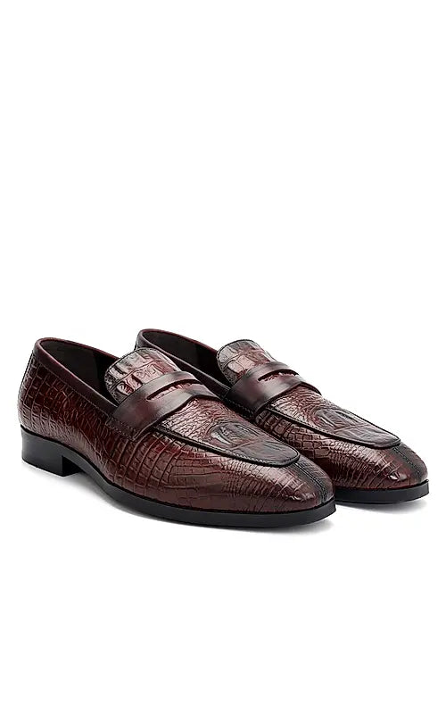 Burgundy Croco Textured Loafers