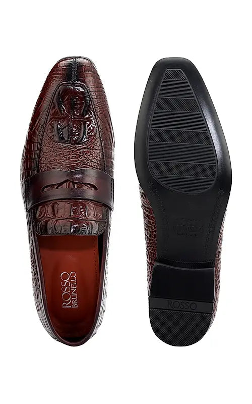 Burgundy Croco Textured Loafers