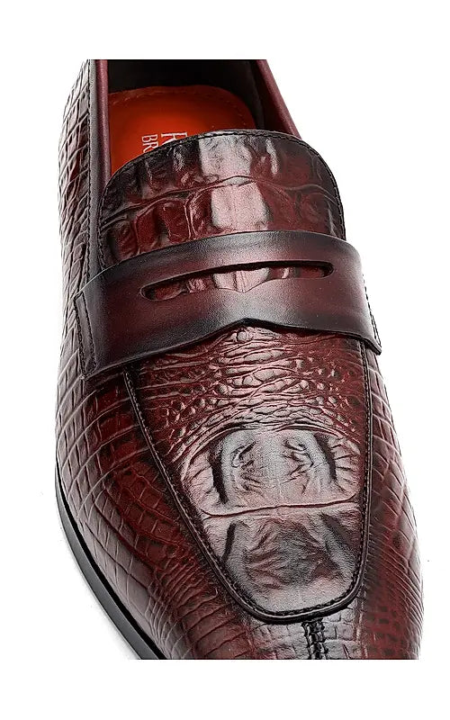 Burgundy Croco Textured Loafers