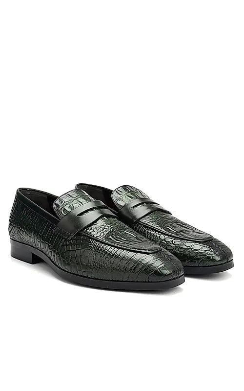 Green Croco Textured Loafers