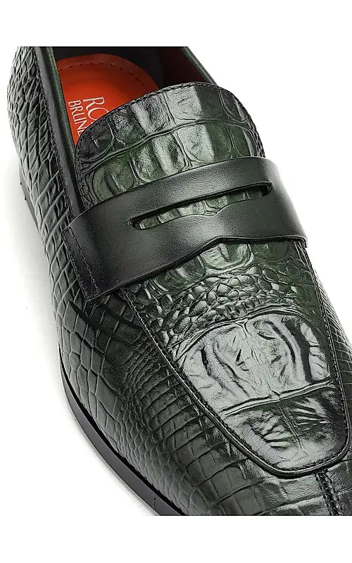 Green Croco Textured Loafers
