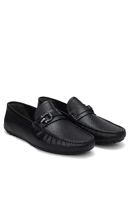 Black Perforated Leather Moccasins