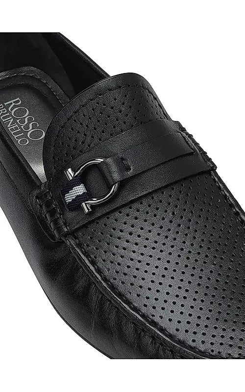 Black Perforated Leather Moccasins