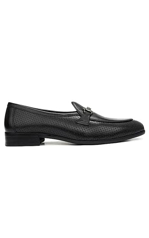 Black Perforated Leather Loafers