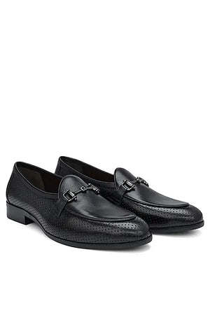 Black Perforated Leather Loafers