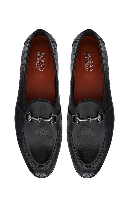 Black Perforated Leather Loafers