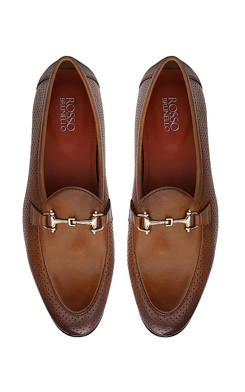 Tan Perforated Leather Loafers