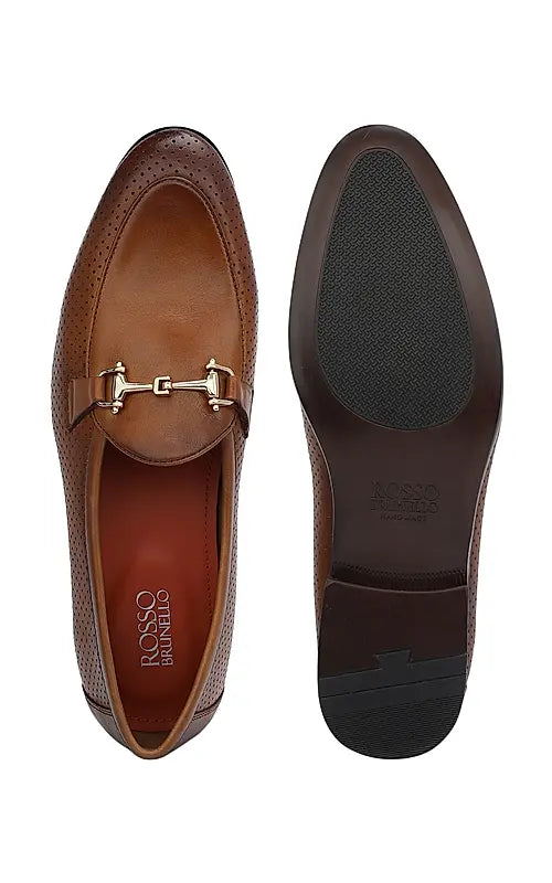 Tan Perforated Leather Loafers