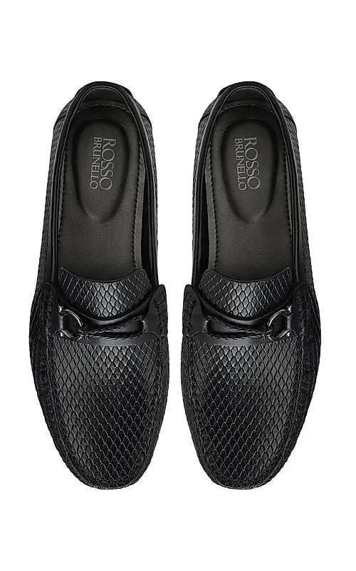 Black Textured Leather Moccasins