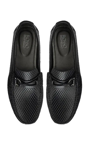 Black Textured Leather Moccasins