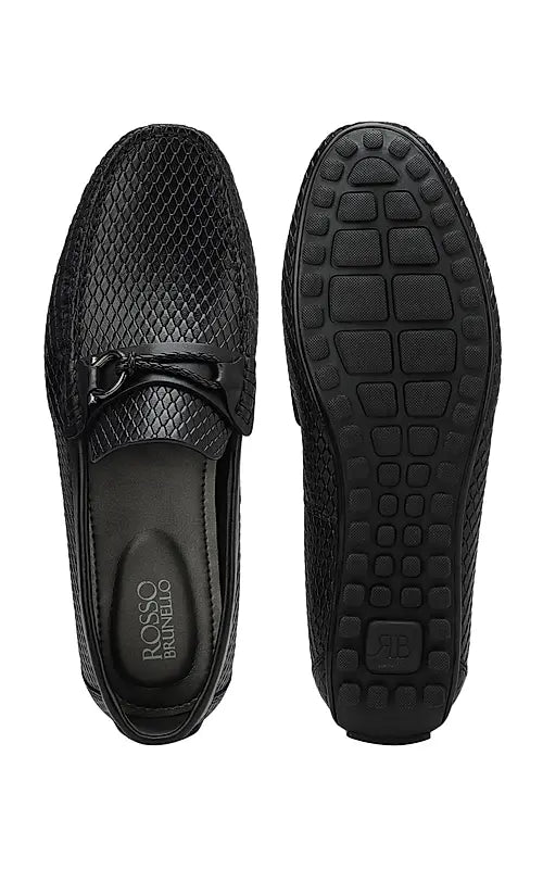 Black Textured Leather Moccasins