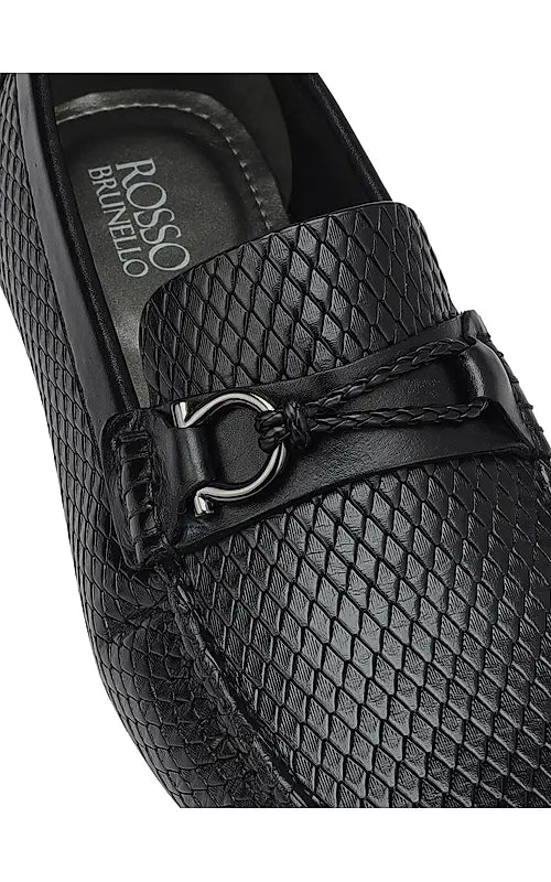 Black Textured Leather Moccasins
