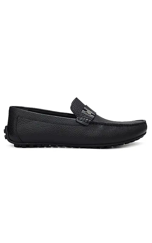 Black Textured Leather Moccasins