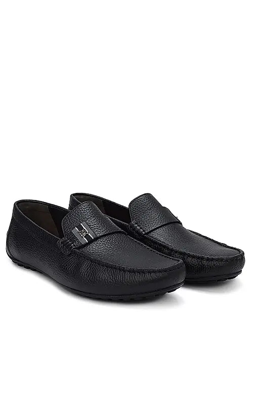 Black Textured Leather Moccasins