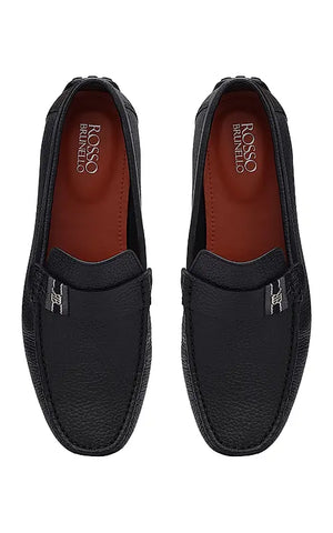 Black Textured Leather Moccasins