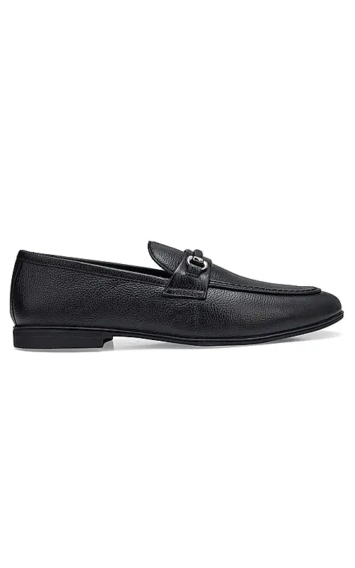 Black Textured Leather Loafers