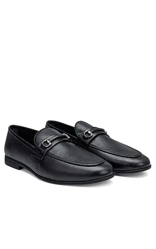 Black Textured Leather Loafers