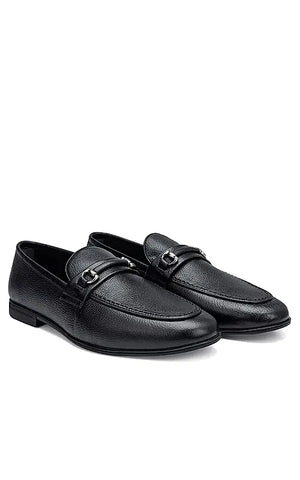 Black Textured Leather Loafers