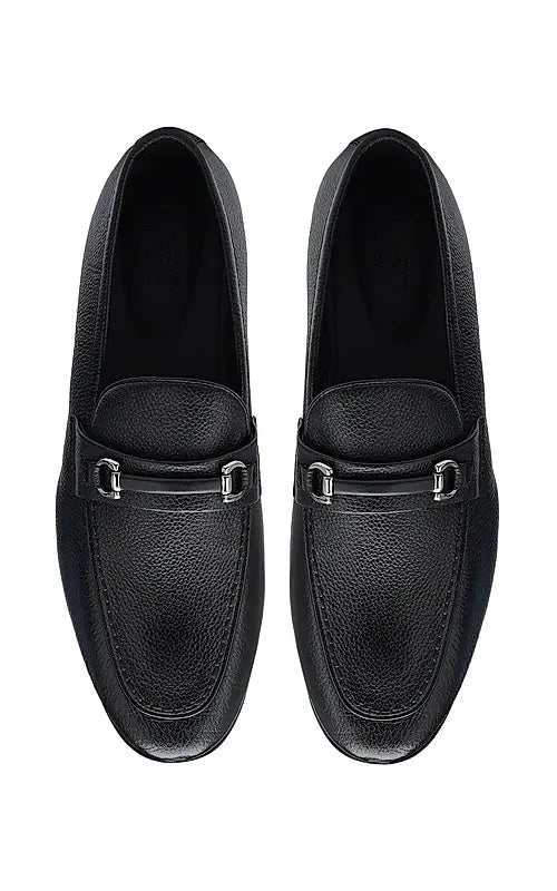 Black Textured Leather Loafers