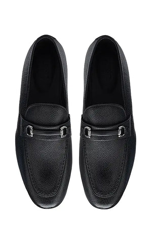 Black Textured Leather Loafers